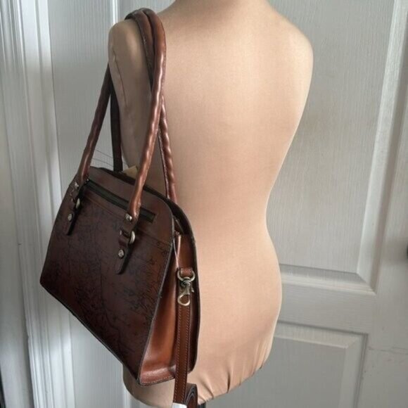 Patricia Nash Riot Rust Leather Calvi Satchel Crossbody Signature Map Brown - Picture 7 of 11
